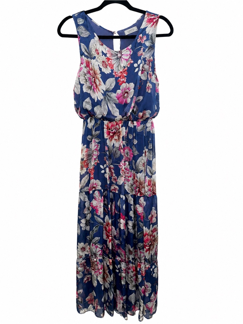 Lara G Silk Floral Maxi Dress Blue Pink Boho Romantic Cottagecore Botanical